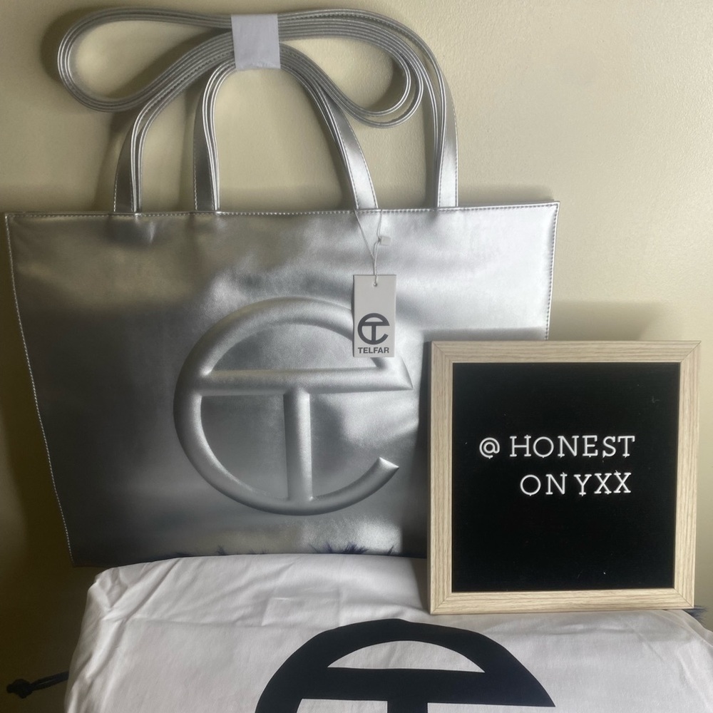 Large silver telfar shopping bag